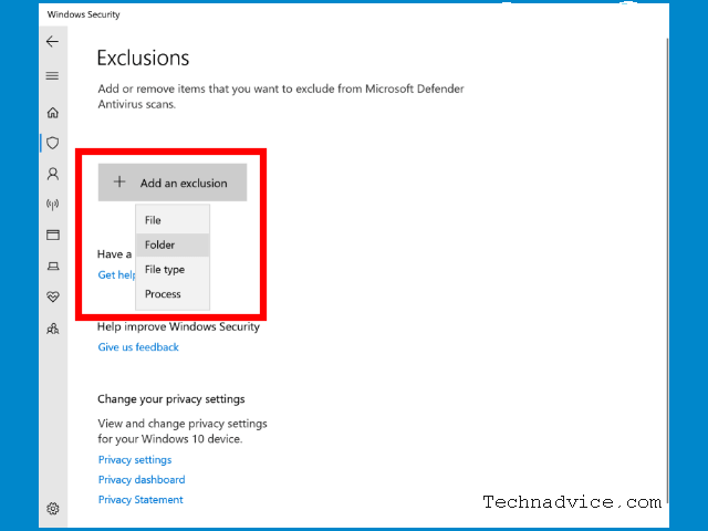 Add an exclusion button then select Folder