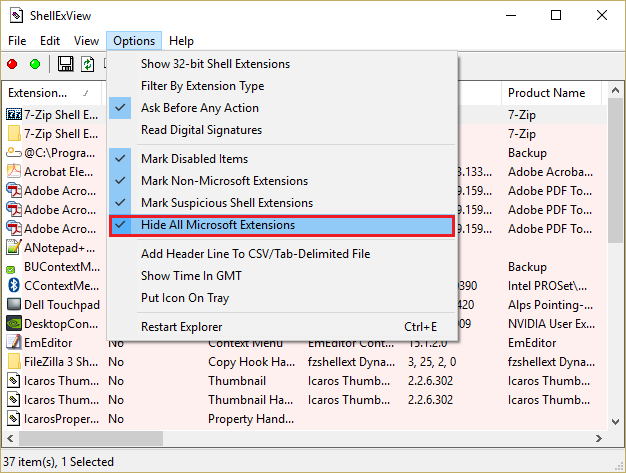 click Hide All Microsoft Extensions in ShellExView