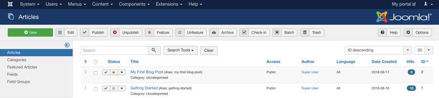 creating blog post in joomla dashboard