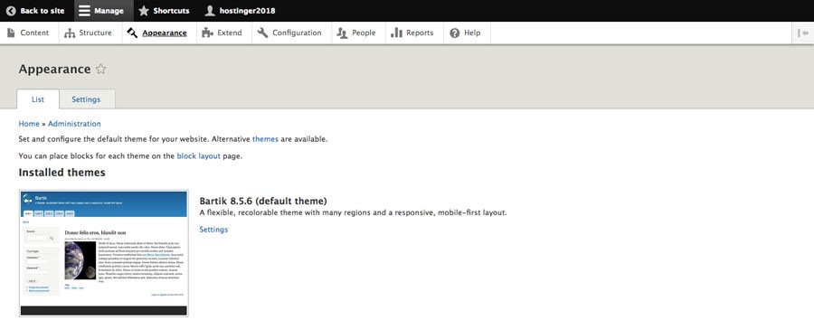 drupal appearance section in dashboard