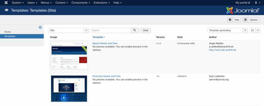 joomla templates menu in dashboard