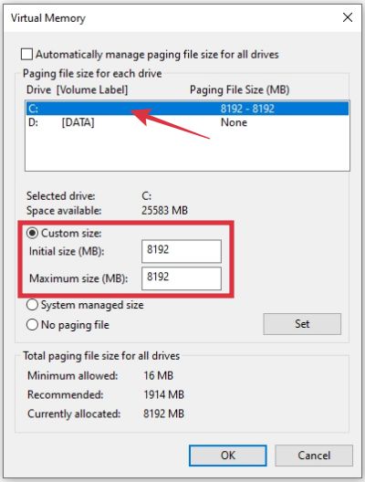 Check Custom size then change the Virtual Memory size