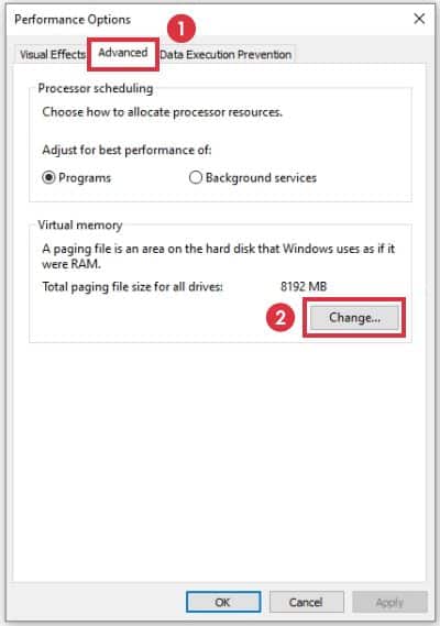 Click the Change button on the Virtual memory option