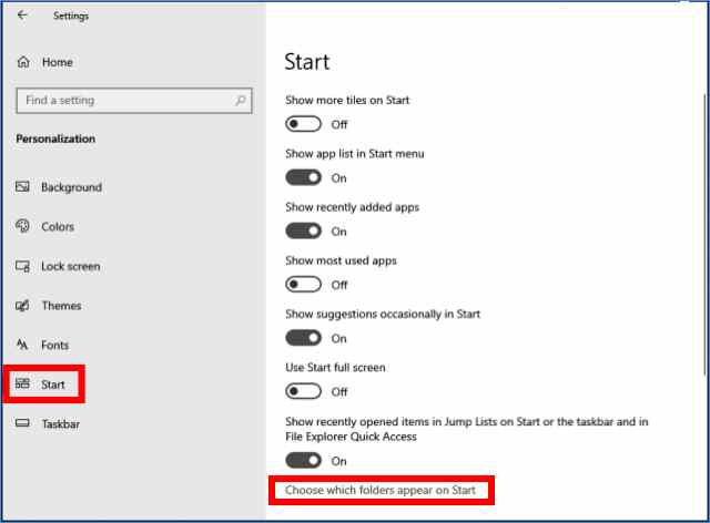 Add and remove folders in the Start Menu