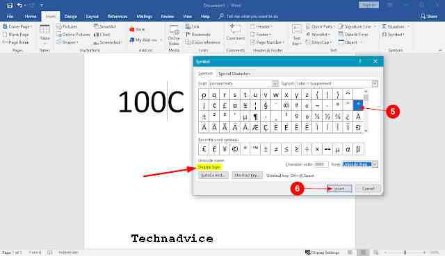 microsoft word code for degree symbol