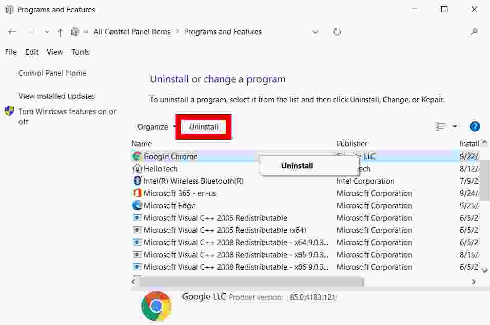 How to uninstall applications on Windows 10 through the Control Panel