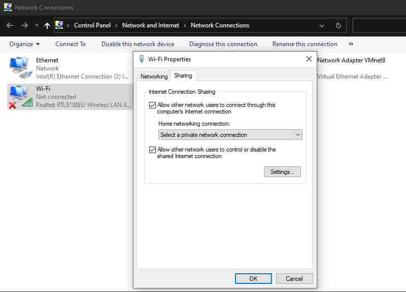 Check WiFi Network Sharing Settings
