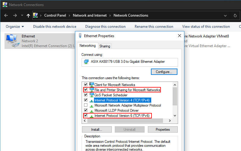 Enable IPV6 And File & Printer Sharing For Network Connected