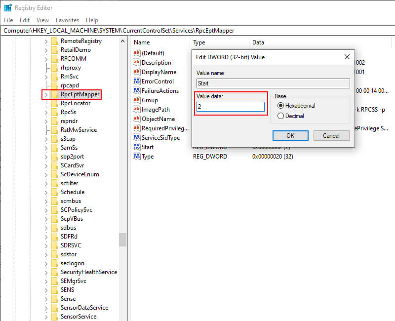Force RPC Services To Start Using Registry Editor