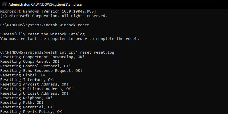 Reset Winsock And IPv4 Settings