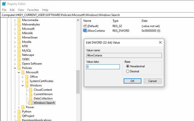 Turn off Cortana in Windows 10 Home