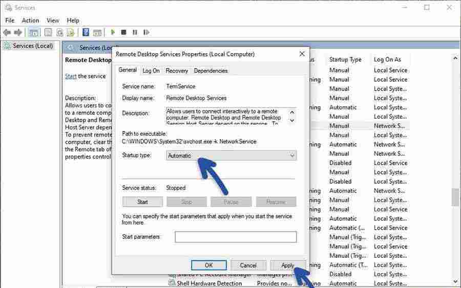 Setting Remote Device Service to Automatic