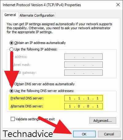 Change Windows DNS to 1.1.1.1