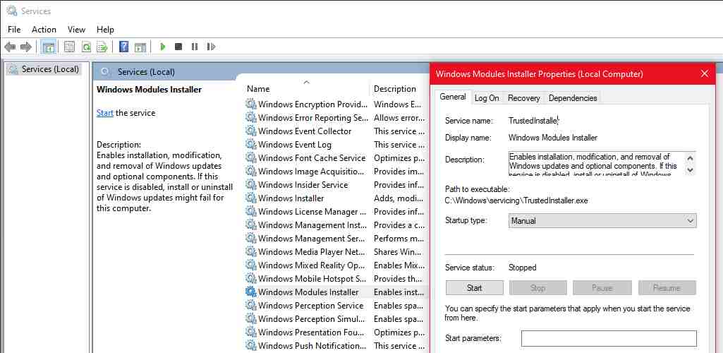 Restart Windows TrustedInstaller (Windows Modules Installer)