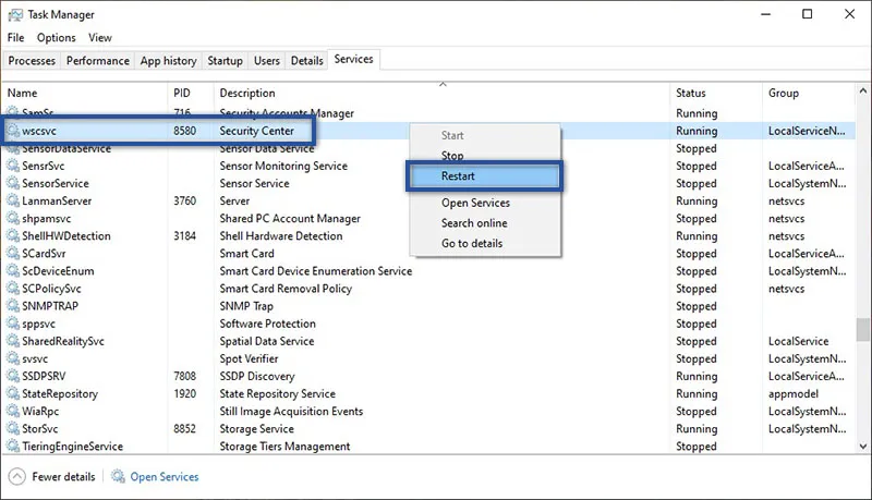 Restart Security Center Service