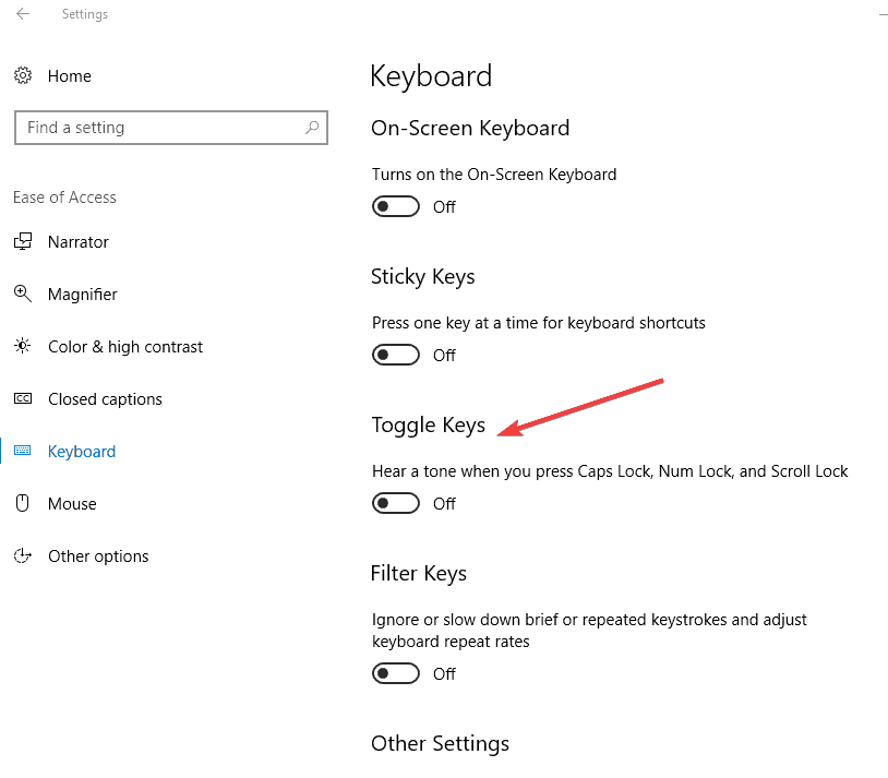 Turn off Toggle and Sticky keys