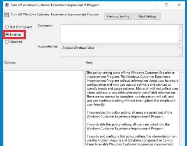 Turn off the Customer Experience Improvement feature