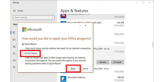 Repair Microsoft Office